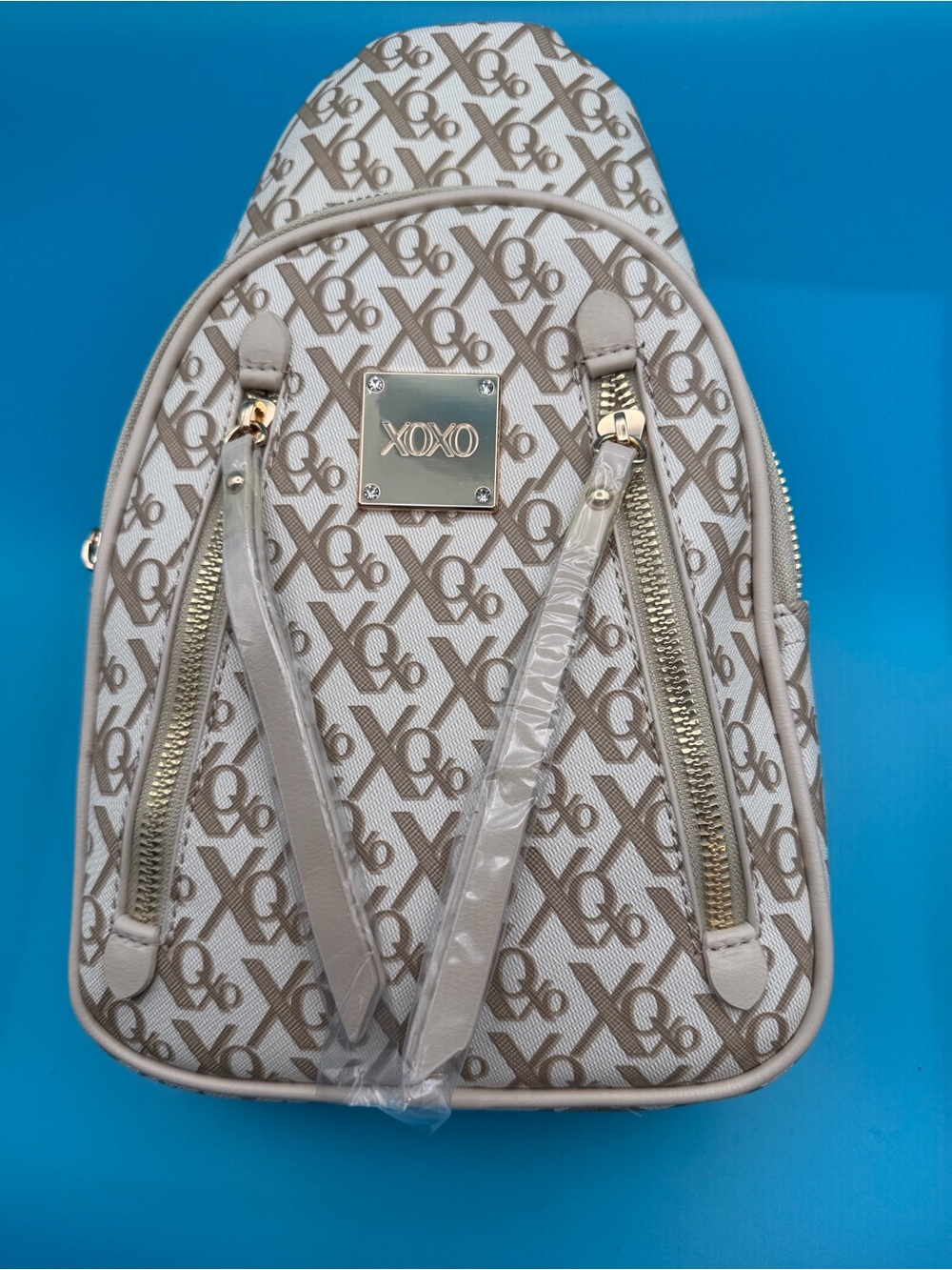 XOXO Mini Backpack Sling Bag Womens OS Beige NWT Monogram Logo Vegan Leather